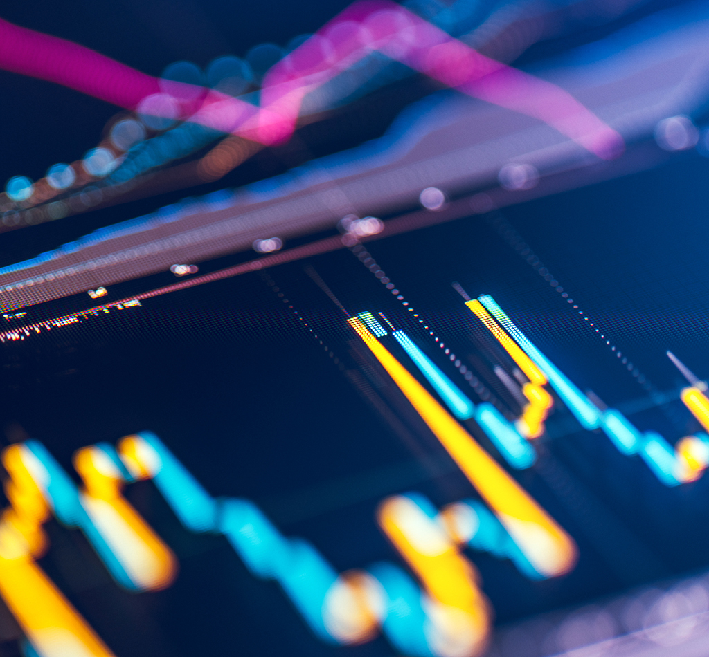 Close-up financial trading chart on digital LCD display.