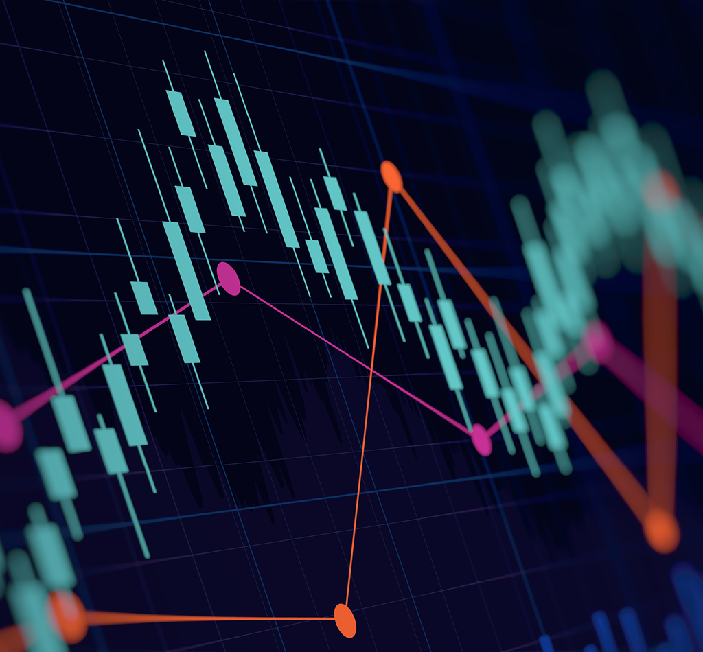 Abstract financial graph with up trend line candlestick chart in stock market on neon light colour background