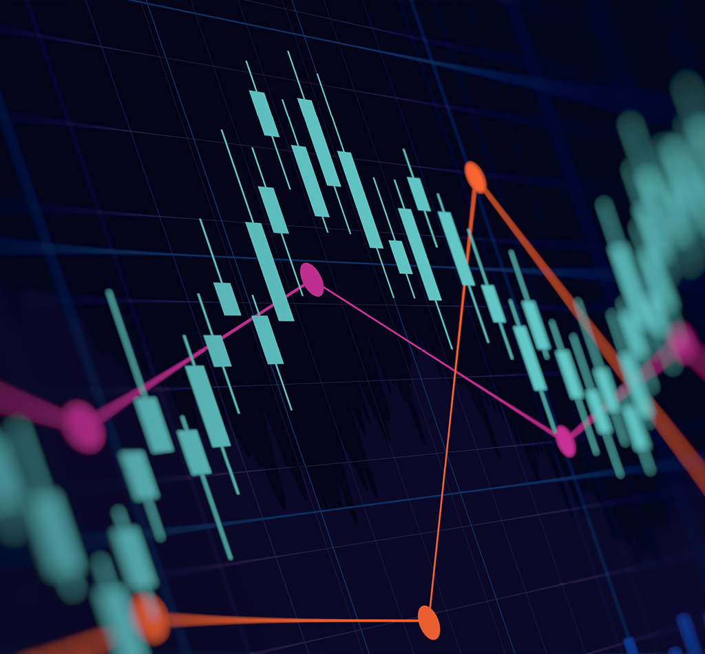 Abstract financial graph with up trend line candlestick chart in stock market on neon light colour background