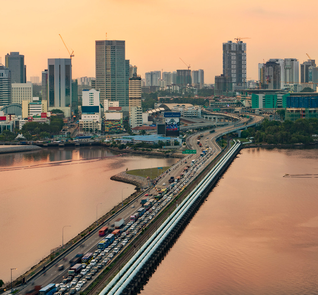 The Malaysian city of Johor Bahru, with traffic on the Johor-Singapore Causeway.